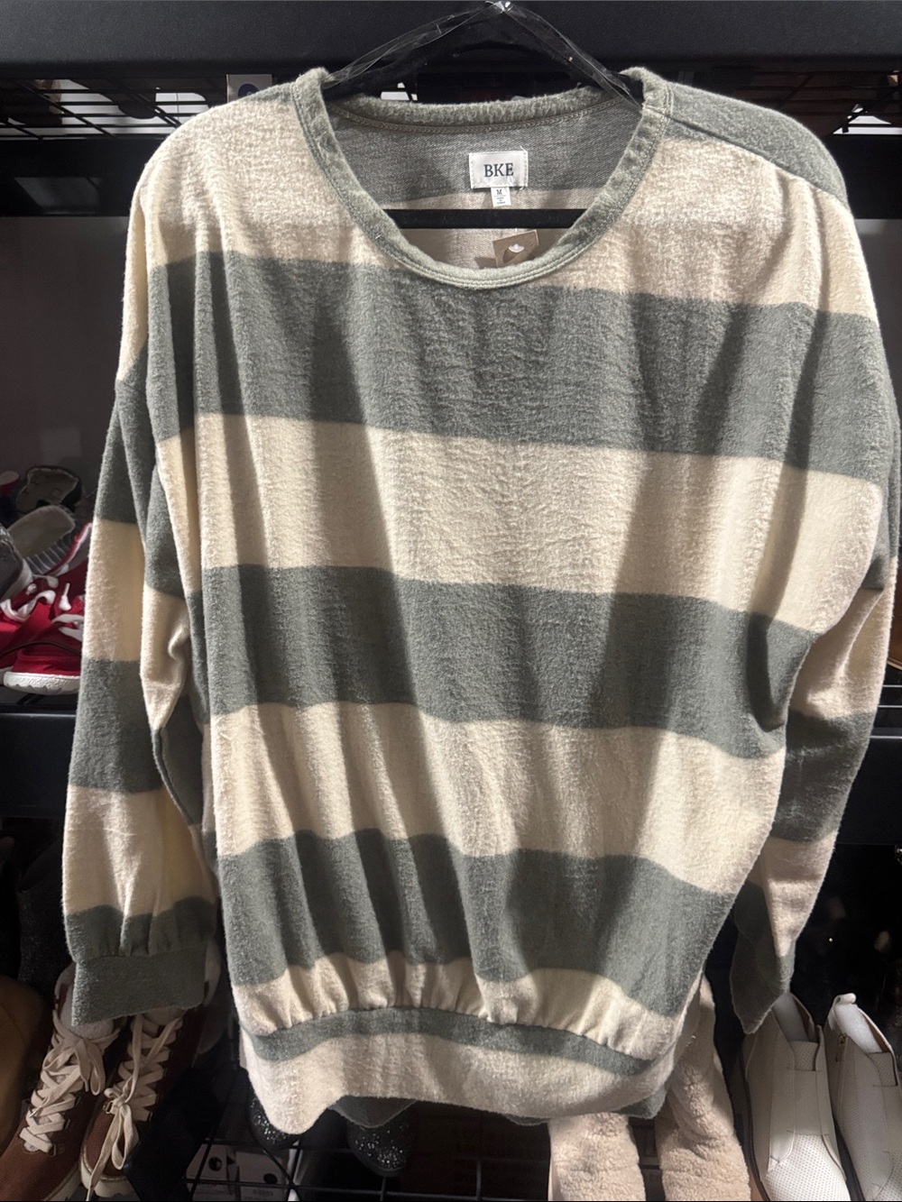 BKE Men's Striped Crewneck Sweater - Olive Green & Cream